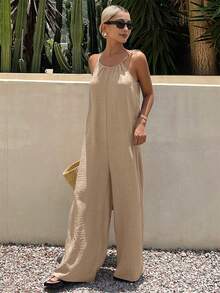 Livesso Women's Linen Style Spaghetti Strap Jumpsuit, Solid Color Vacation Cold-Shoulder Outfit Summer - Khaki - View 6