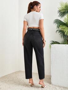 SHEIN Casual Washed High-Waist Tapered Jeans - Medium Wash - View 2
