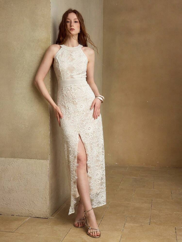 WOMEN'S HOLLOW LACE ROUND NECK SPLIT DRESS