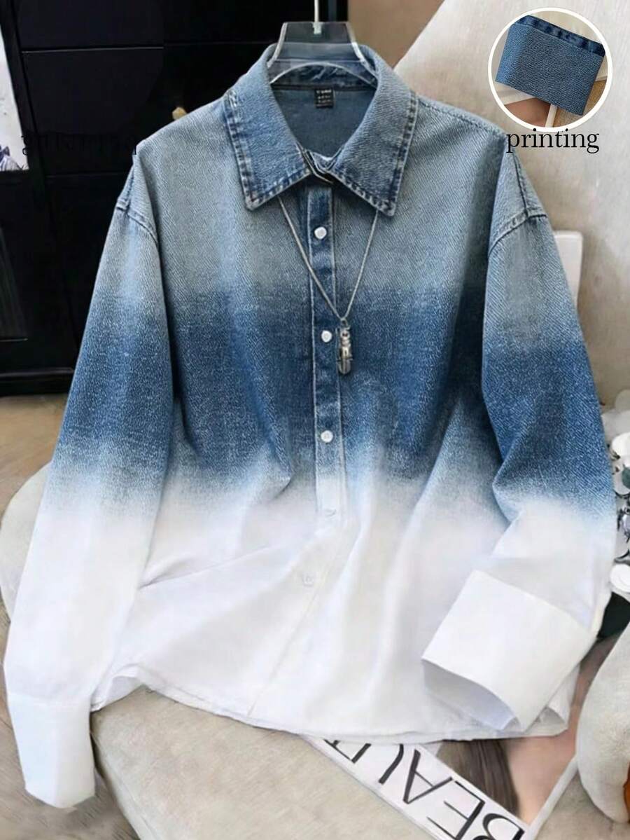 GlowEve Women's Denim Effect Ombre Print Shirt - Blue - View 1