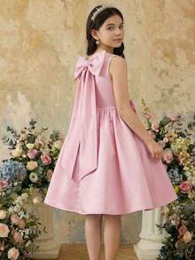 SHEIN Tween Girl Elegant Round Neck Sleeveless Bow Decor Puff Princess Dress Tween Girl - Dusty Pink - View 2