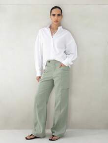 KSTM Women High Rise Wide Leg Cargo Pants With Multiple Pockets Relaxed Fit Casual Straight Leg Trousers Spring Summer Utility Style - Green - View 1