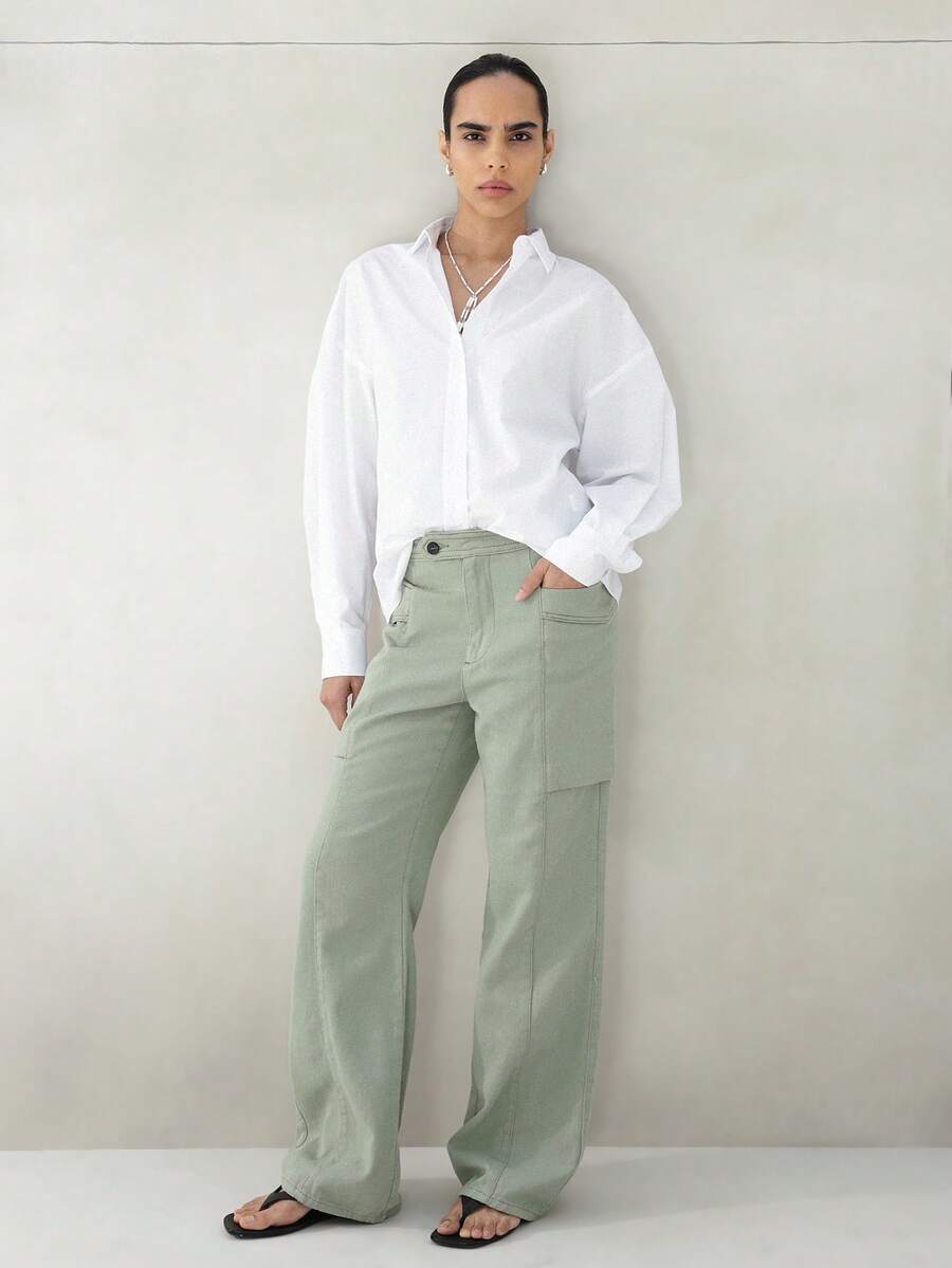 KSTM Women High Rise Wide Leg Cargo Pants With Multiple Pockets Relaxed Fit Casual Straight Leg Trousers Spring Summer Utility Style - Green - View 1