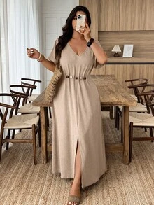 Weeklong Plus Size Women's Beaded Decor A-Line V-Neck Casual Dress, Spring/Summer - Apricot - View 5