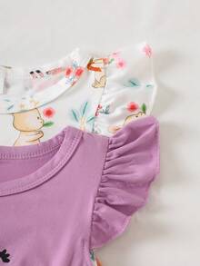 SHEIN 2pcs/Set Baby Girls' Summer Dress, Purple Sleeveless Cotton Dress With Cute Cat Face & Forest Animal Prints - Purple - View 6