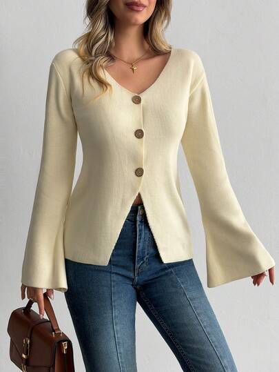 EURMUSE Lightweight Knit Cardigan With Wood Button Detail Fitted Waist Flared Sleeves Chic Spring Summer Elegant Casual Layering Top Women