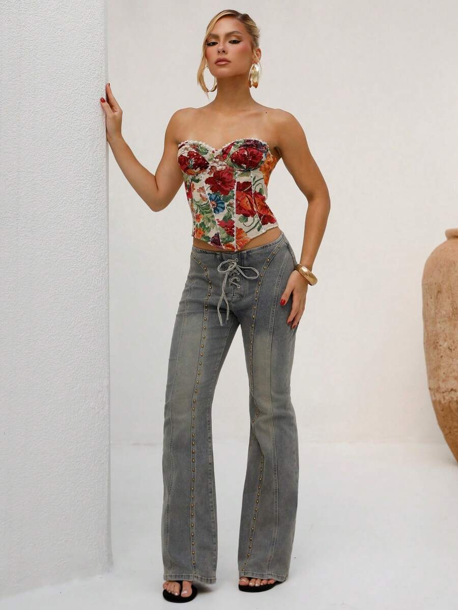 BiaLiraa 性感复古铆钉系带低腰牛仔裤 - 中等水洗藍 - 查看 1