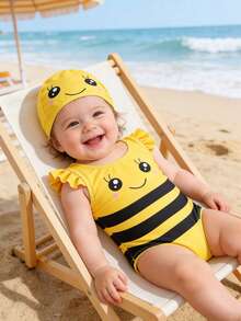 2件套新生儿蜜蜂肩部荷叶边条纹按扣连体泳衣+帽子，弹性速干舒适针织面料，适合海滩、泳池、冲浪、度假、夏季旅行 - 黃色 - 查看 3