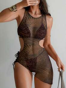 Swim SXY 2026 New 3-Piece Women Leopard Print Bikini Set, Sexy Leopard Print Fusion With Graphic, Mesh Cover-Up With Bikini Design, Sexy Style Bikini Swimwear Set Swimwear For Women See Through One Piece Swimsuit Women With Cover Up Women S Beach Outfits One Piece Swimsuit With Cutouts Sheer One Piece Swimsuit - Brown - View 6