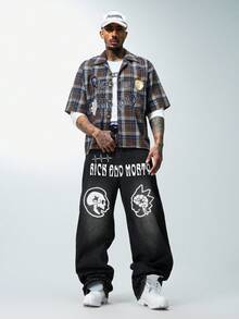 Rick and Morty X SHEIN 男士口袋纽扣字母图案休闲百搭日常穿着阔腿牛仔裤 - 黑色 - 查看 3