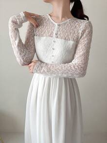 FRIFUL Women's Solid Color Sheer Lace Waist Flared Hem Fitted Casual Dress, Spring/Summer Sundress - Beige - View 8