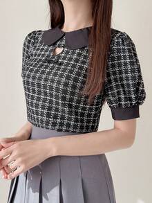 FRIFUL Women's Summer Patchwork Peter Pan Collar Short Sleeve Fitted Casual T-Shirt - Khaki - View 5