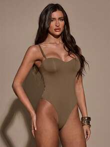 SHEIN BAE Women's Solid Color Casual Versatile Daily Wear Bodysuit - Khaki - View 5