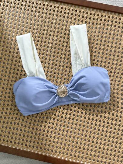 Swim Chiccia Women's Summer Beach Colorblock Metal Shell Decor Sexy Bikini Top