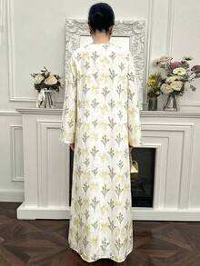 Yasmyna 女士优雅蝴蝶花卉印花喇叭袖阿拉伯风格连衣裙 - 黃色 - 查看 2