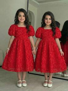 SHEIN Red Floral 3D Rose Flower Decor Dress, Summer Elegant Wedding Guest A-Line V-Neck Short Sleeve Tween Girl Formal Party Outfits For Birthdays - Red - View 3