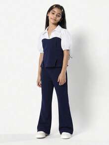 Tween Girls 2-Piece Set:Navy Blue Striped Collared Blouse & Flare Pants,Summer Casual School Outfit,Back-To-School,Holiday,Party Vacation Clothes - Blue and White - View 1