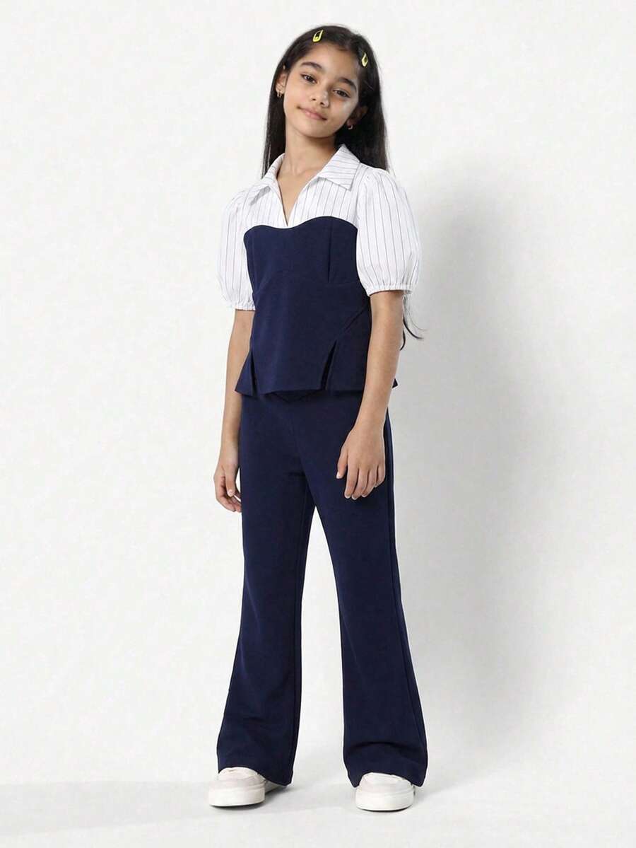 Tween Girls 2-Piece Set:Navy Blue Striped Collared Blouse & Flare Pants,Summer Casual School Outfit,Back-To-School,Holiday,Party Vacation Clothes - Blue and White - View 1