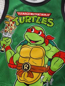 TEENAGE MUTANT NINJA TURTLES | SHEIN 2pcs/Set Young Boy Casual Style Cartoon Print Vest & Shorts Pajamas - Multicolor - View 4