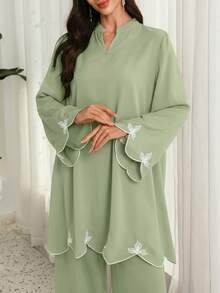 Lacomfia Women's V-Neck Embroidered Loose 2 Pieces Set, Spring/Summer Clothes For Ladies Blouse And Pants Set Formal For Women - Green - View 3