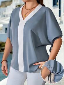 EMERY ROSE Women's Plus Size V-Neck Colorblock Mid-Sleeve Loose Straight Casual Blouse, Suitable For Spring/Summer, Fashionable And Comfortable For Daily, Work, Vacation And Home Wear Blue Tops Plus Size Light Blue Blouse V Neck Blouses For Women Business Casual Tops Woman Summer Work Top - Dusty Blue - View 1
