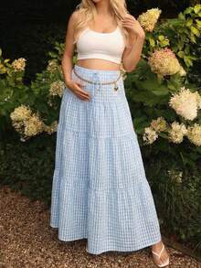 SHEIN Chân váy chữ A xếp ly họa tiết kẻ caro dáng suông, thích hợp cho kỳ nghỉ hè, dành cho bà bầu. - Màu xanh lam - Xem 1