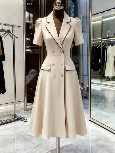 GlowEve CURVE 修身腰身+蓬蓬裙摆+过膝翻领+黑色滚边，搭配双排金色金属纽扣的乳白色西装式大码连衣裙