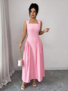 Elenzga 优雅无袖A字连衣裙，腰部褶皱设计，裙摆呈喇叭形，适合休闲、派对、度假、婚礼等各种场合，时尚粉色连衣裙 - 粉色 - 查看 5