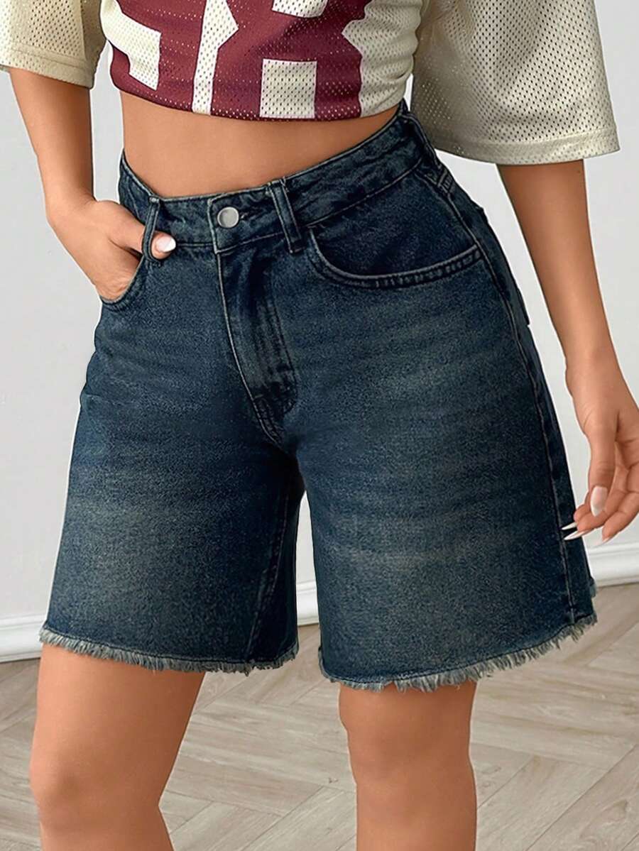 SHEIN Women High Waist Dark Washed Frayed Hem Denim Short - Dark Wash - View 1