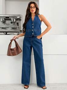 Women's Single-Breasted Halter Neck Denim Top And Jeans Casual Suit - Dark Wash - View 3