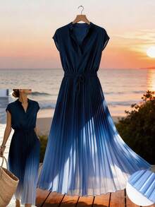 GlowEve Women's Ombre Pleated Hem A-Line Dress, Waist Cinched Design, Elegant For Vacation, Commute, Valentine's Day, Date, French Chic Retro Versatile Party, Early Spring/Summer Sleeveless Blue & White New Mid-Length Dress - Multicolor - View 1