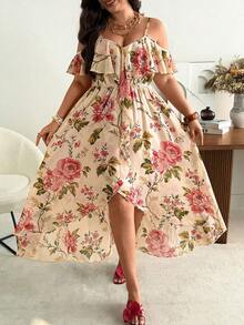 Ceyna Đầm maxi trễ vai hai dây bằng chiffon họa tiết hoa, thanh lịch, thoải mái dành cho nữ cỡ lớn, phù hợp cho đi biển, du lịch, dã ngoại và mặc hàng ngày. - Màu be - Xem 1