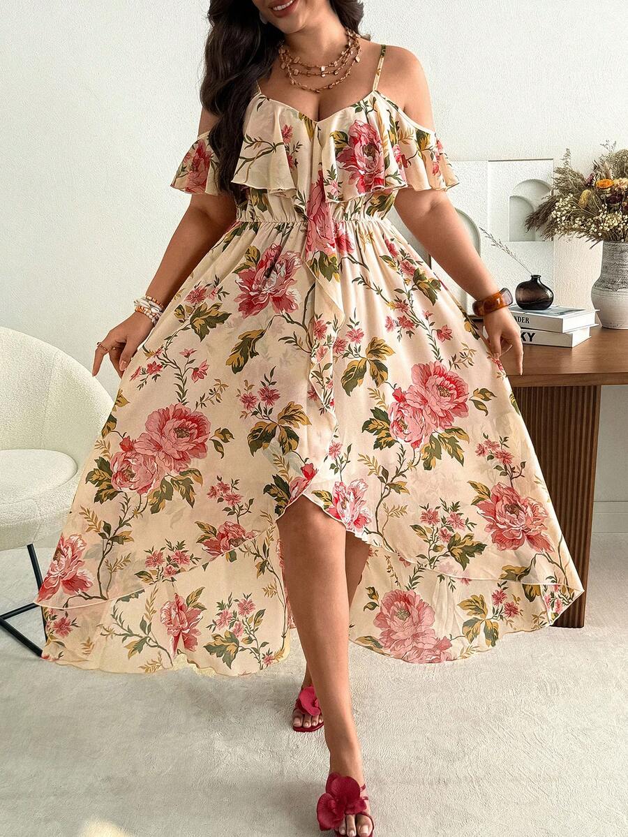 Ceyna Đầm maxi trễ vai hai dây bằng chiffon họa tiết hoa, thanh lịch, thoải mái dành cho nữ cỡ lớn, phù hợp cho đi biển, du lịch, dã ngoại và mặc hàng ngày. - Màu be - Xem 1
