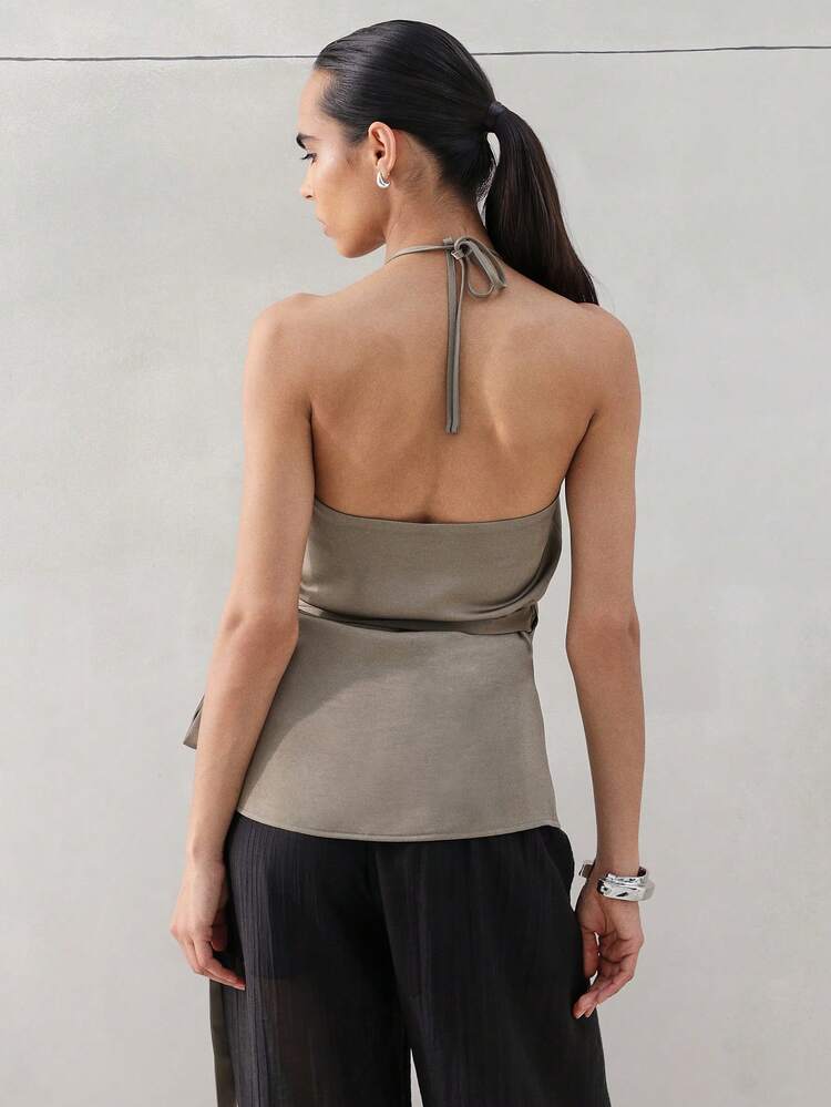 KSTM Sage Green Halter Wrap Top With Side Tie Detail And V Neckline For Summer Casual Wear