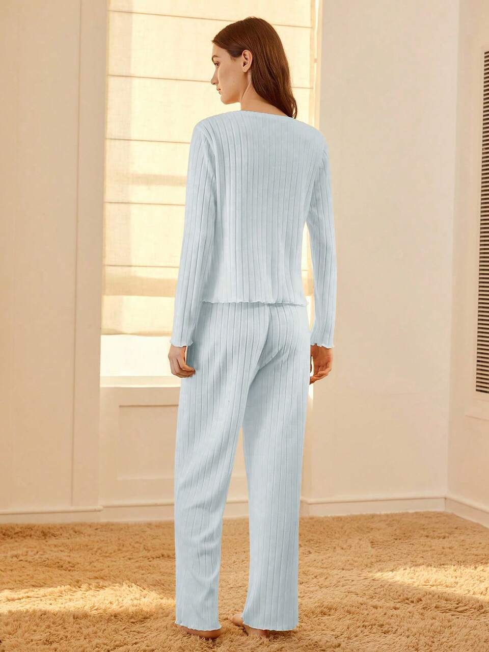 MOTF WOMEN'S COMFORTABLE RIBBED LONG SLEEVE TOP AND PANTS PAJAMA SET