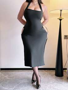 Vibekara 性感夏季露背吊带高开衩连衣裙 - 黑色 - 查看 4