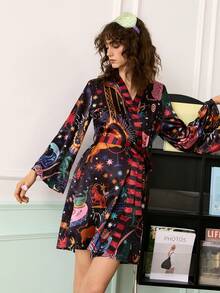 Young Zodiac Circus Innovative Pattern Contrast Red & Black Striped Women Robe - Multicolor - View 1
