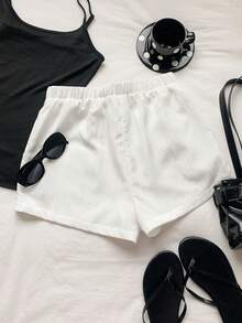 SHEIN EZwear 女士抽绳腰纯色休闲百搭日常短裤 - 白色 - 查看 3