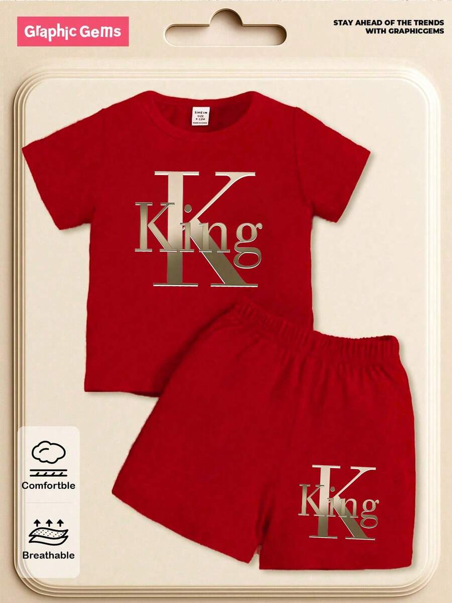 SHEIN GraphicGems Set de 2 piezas de camiseta de manga corta con estampado de letras y pantalones cortos casuales para niños pequeños, uso cómodo para primavera, verano y otoño - Rojo - Ver 1