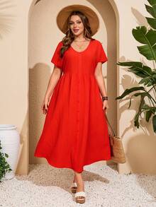 Vestido a cuadros de manga corta y cuello en V para mujer de talla, para vacaciones de verano - Naranja Coral - Ver 5