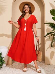 Vestido a cuadros de manga corta y cuello en V para mujer de talla, para vacaciones de verano - Naranja Coral - Ver 6