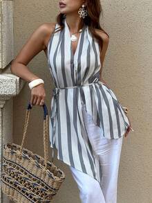 Franclia Women's New Printed Halter Neck Blouse - Black and White - View 3