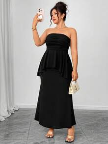 Elenzga Plus Size Women 2pcs Set Knitted Elastic Cropped Camisole Top & Asymmetric Fishtail Skirt Suit, Elegant Black Outfit - Black - View 3