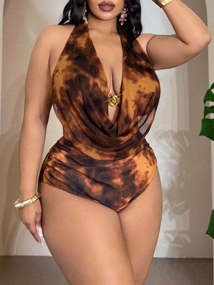 Slaydiva 大码女式咖啡色扎染露背深V网纱上衣搭配扎染高腰比基尼泳裤，沙滩度假套装 - 咖啡棕 - 查看 1