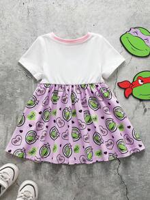 TEENAGE MUTANT NINJA TURTLES | SHEIN 女婴圆领荷叶边卡通印花休闲日常短袖连衣裙 - 白色 - 查看 2
