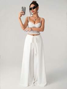 SHEIN ICON Waist Wrapped Design Casual Loose Wide Leg Pants - White - View 6