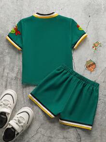 TEENAGE MUTANT NINJA TURTLES | SHEIN 男婴字母印花纽扣前开襟T恤和短裤套装 - 綠色 - 查看 2