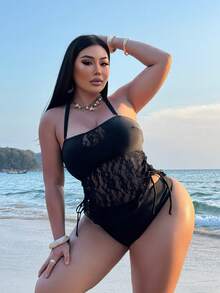 Swim SXY 大码女士撞色蕾丝吊带背心式泳衣套装 - 黑色 - 查看 6