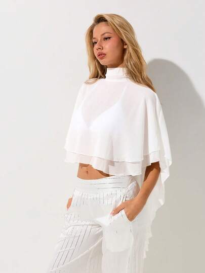 SHEIN ICON Sexy Asymmetrical Hem Chiffon Scarf Collar Blouse For Women