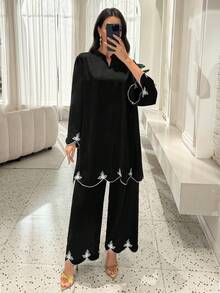 Lacomfia Women's V-Neck Embroidered Loose 2 Pieces Set, Spring/Summer - Black - View 3